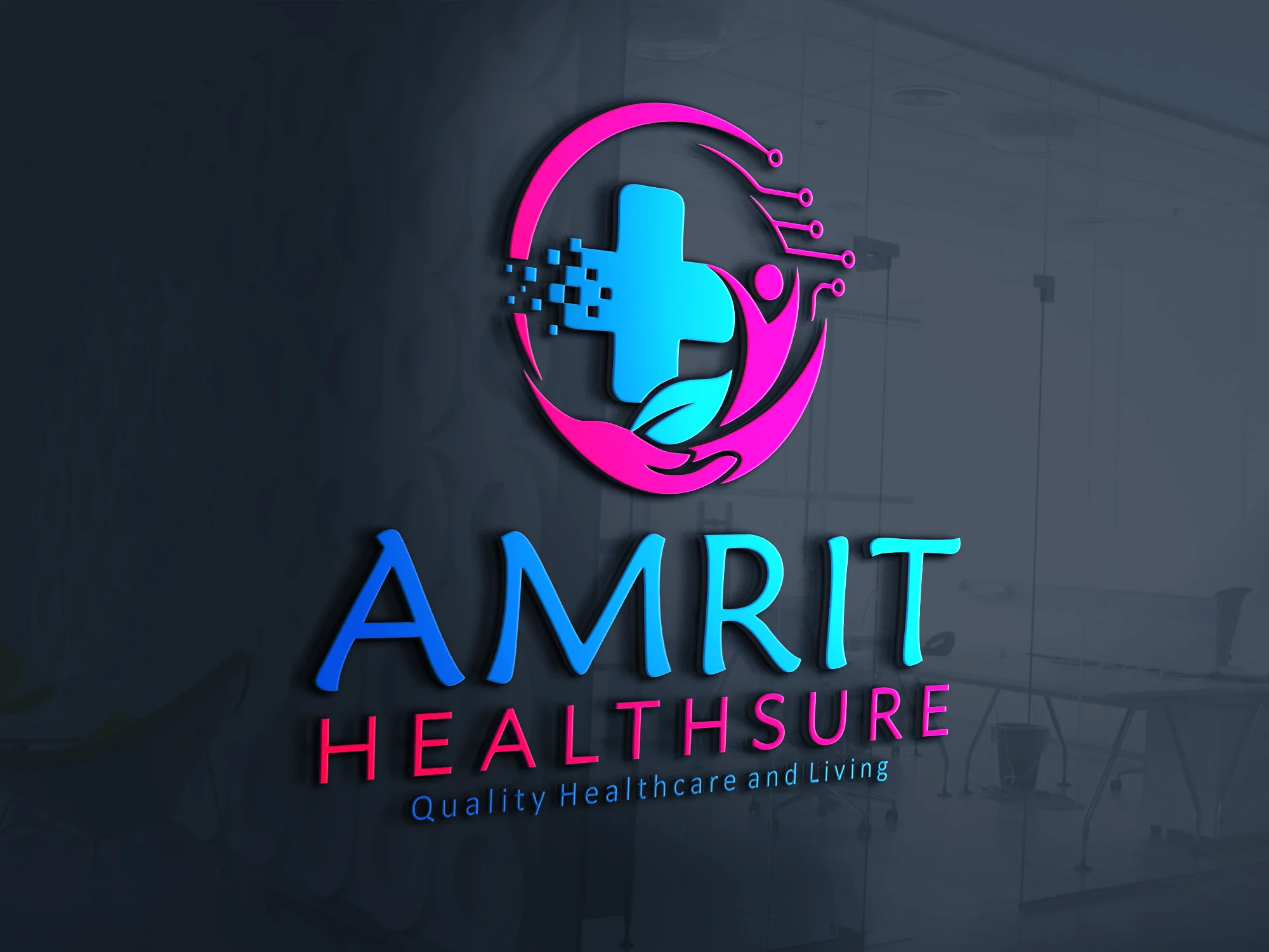 Supplied Amrit Healthsure blue-and-magenta logo presentation